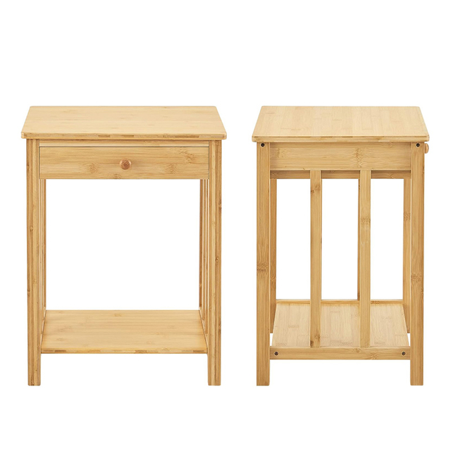 Mesa de noche de madera de bambú con cajón de almacenamiento y mango