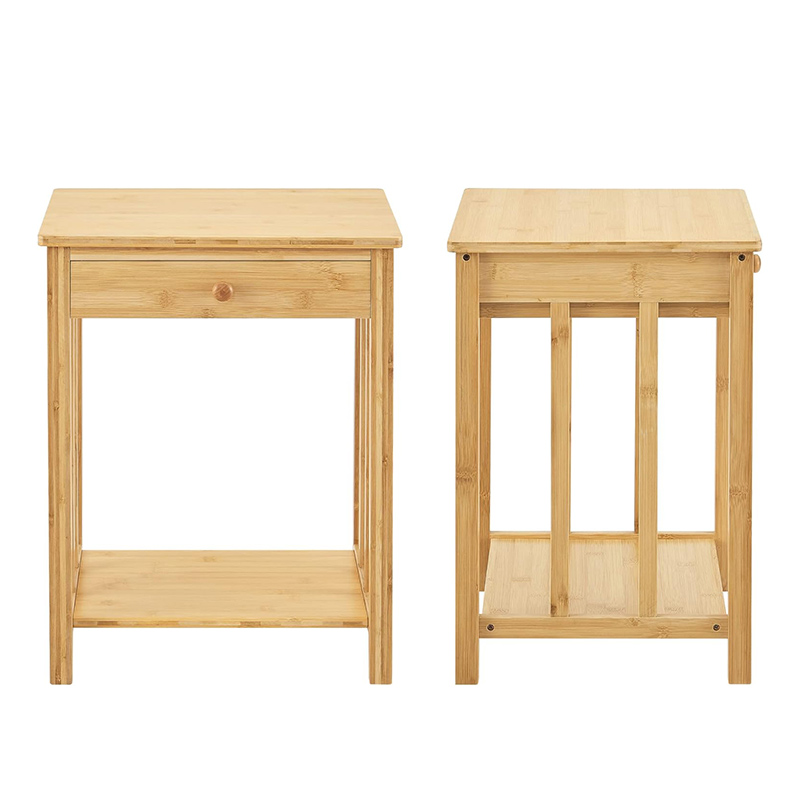 Mesa de noche de madera de bambú con cajón de almacenamiento y mango